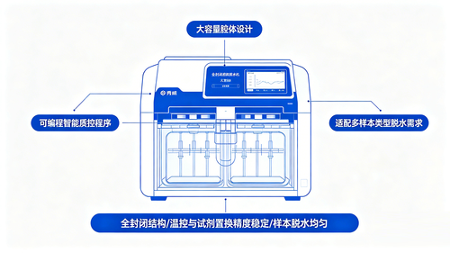 59859cc威尼斯主页智能质控全封闭组织脱水机搭载可编程智能质控程序，适配多样本类型脱水需求，大容量腔体设计可承接大批量样本集中处理，有效解决科室样本类型多、样本量大的作业难题。